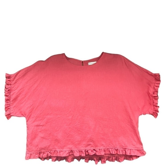 Cynthia Rowley Berry Pink Coral 100% Linen Ruffles Shirt Cropped Top Size Large - Picture 3 of 10